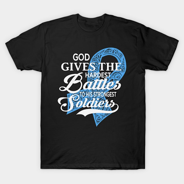 God Gives The Hardest Battles Strongest Soldiers Trisomy 18 Awareness Light Blue Ribbon Warrior T-Shirt by celsaclaudio506